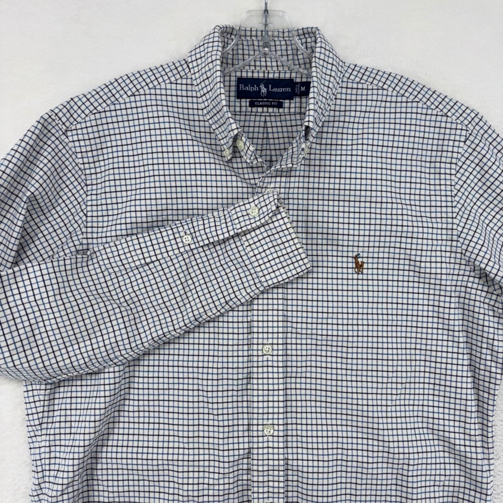 Ralph Lauren Classic Fit Mens Button Down Shirt Blue White Tattersall Check M